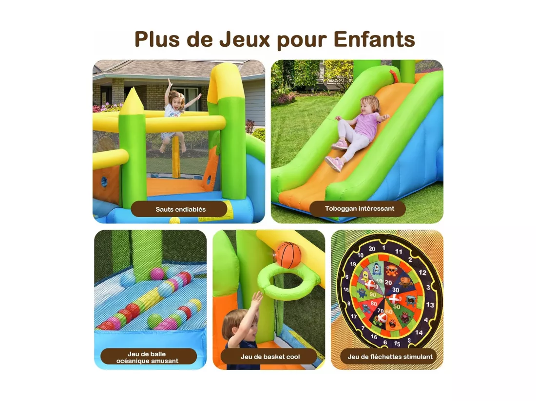 Château Gonflable en Forme de Pentagone avec Toboggan, Maison de Rebond Gonflable avec Piscine à Balles, Panier de Basket, Intérieur Extérieur pour 3 Enfants de 3-10 Ans（sans souffleur)