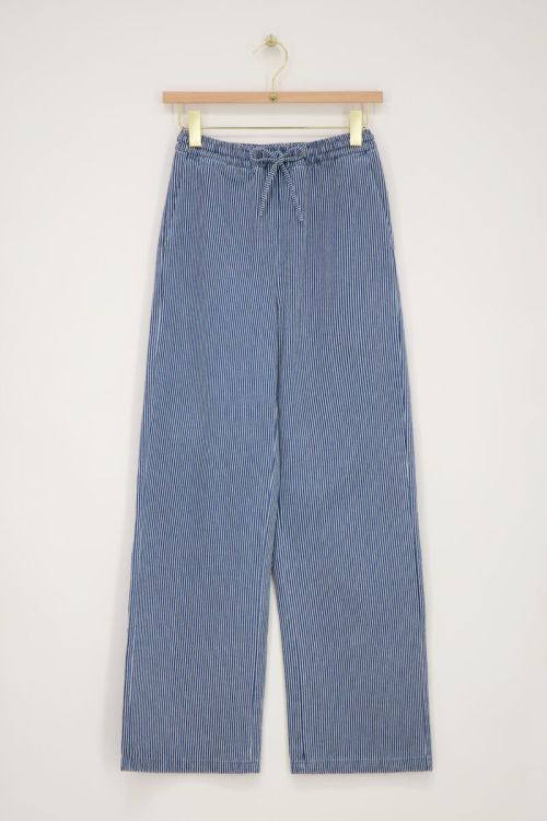 Blauw-wit gestreepte wide leg broek met elastieken band