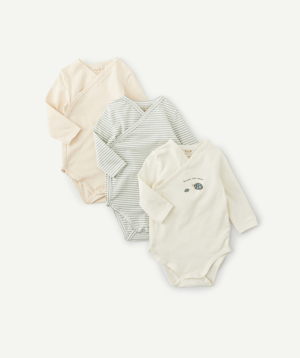 LOT DE 3 BODIES EN COTON BIO ÉCRU BEIGE ET IMPRIMÉ VERT À RAYURES