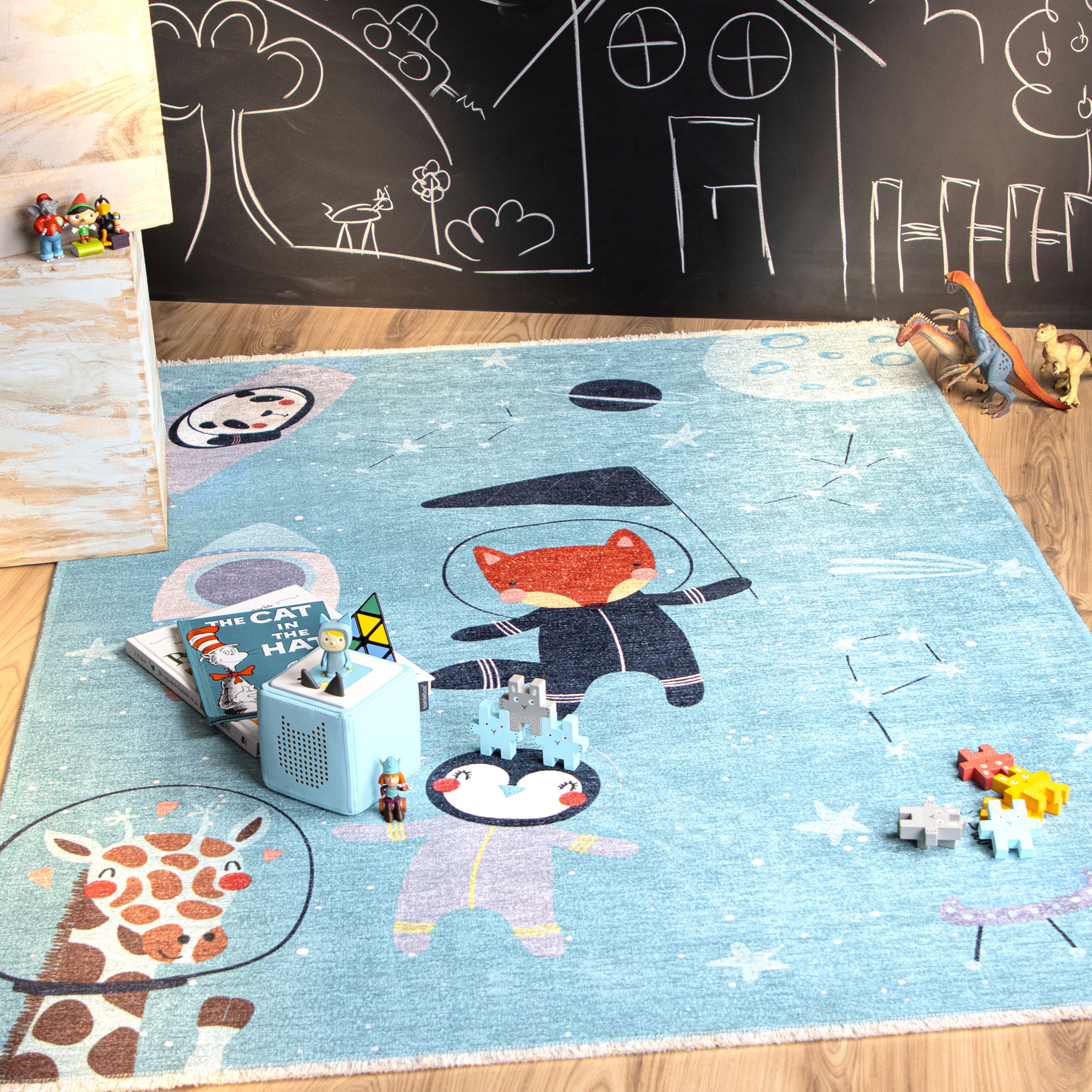 Kinderteppich - blau - Weltall - 115x170 cm
