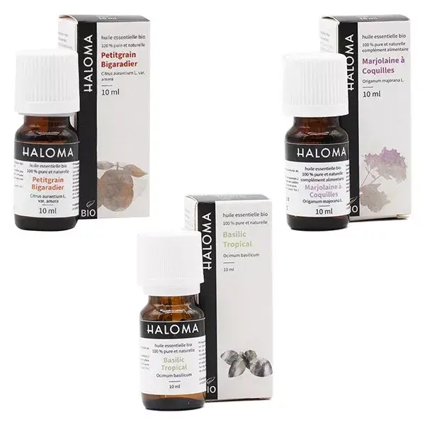 Conjunto Haloma com 3 óleos essenciais para aliviar o stress e melhorar o sono.