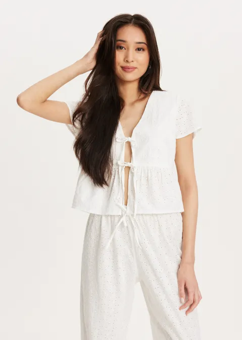 Broderie top met strikjes wit (WIT)