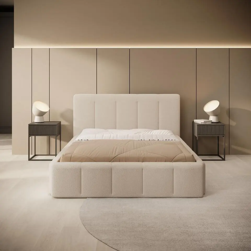 Meubella - Tweepersoonsbed Excalibur - Beige teddystof - 140x200 cm