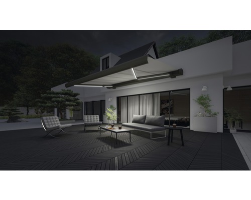 Cassettescherm Loano 6x3, effen grijsmix doek, frame RAL 7022 umbragrijs, inclusief motor, afstandsbediening en dimbare LED-verlichting