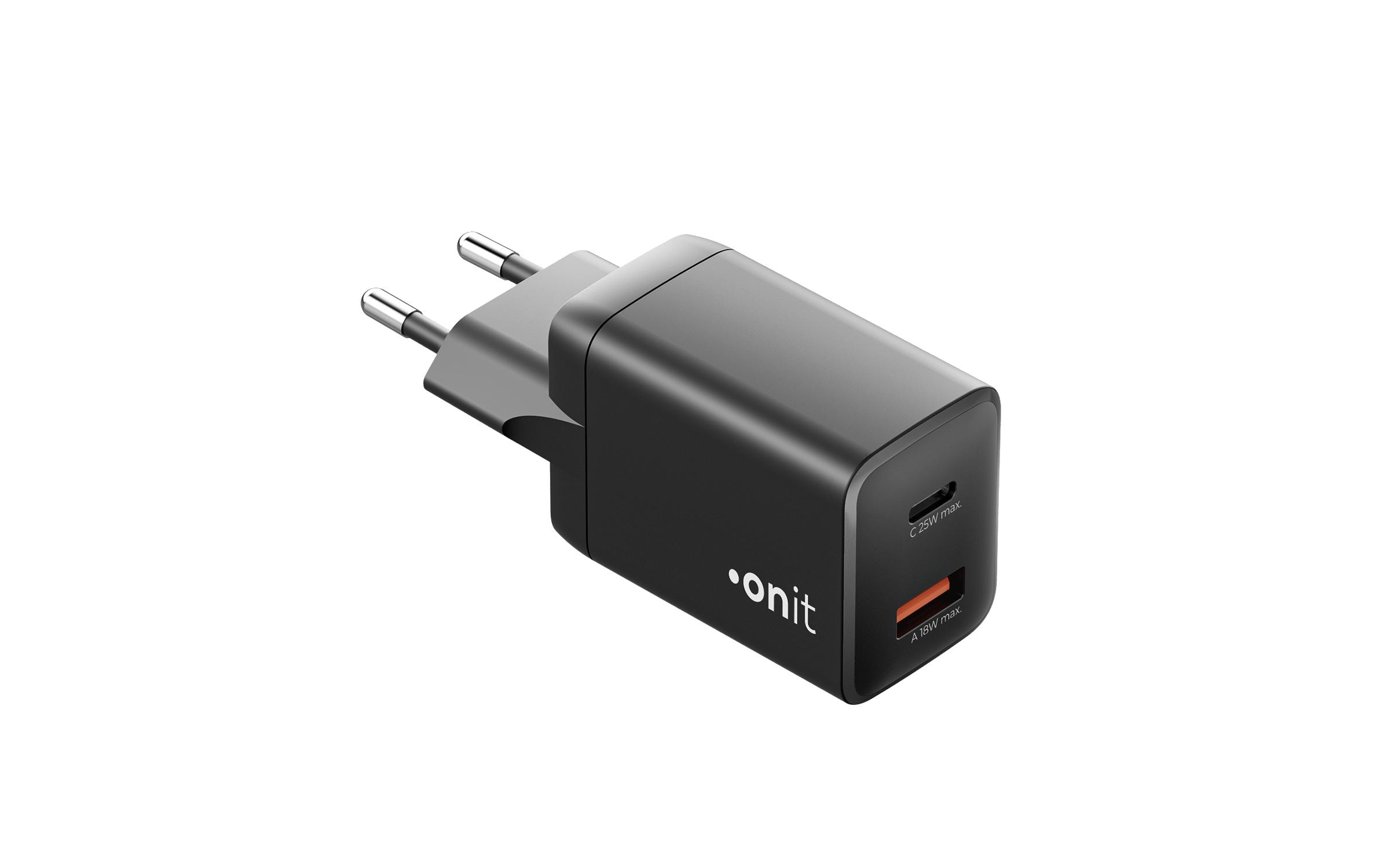 USB-Wandladegerät PD25W + QC3.0 SchwarzLadeadapter mit einem USB-C- und einem USB-A-Port