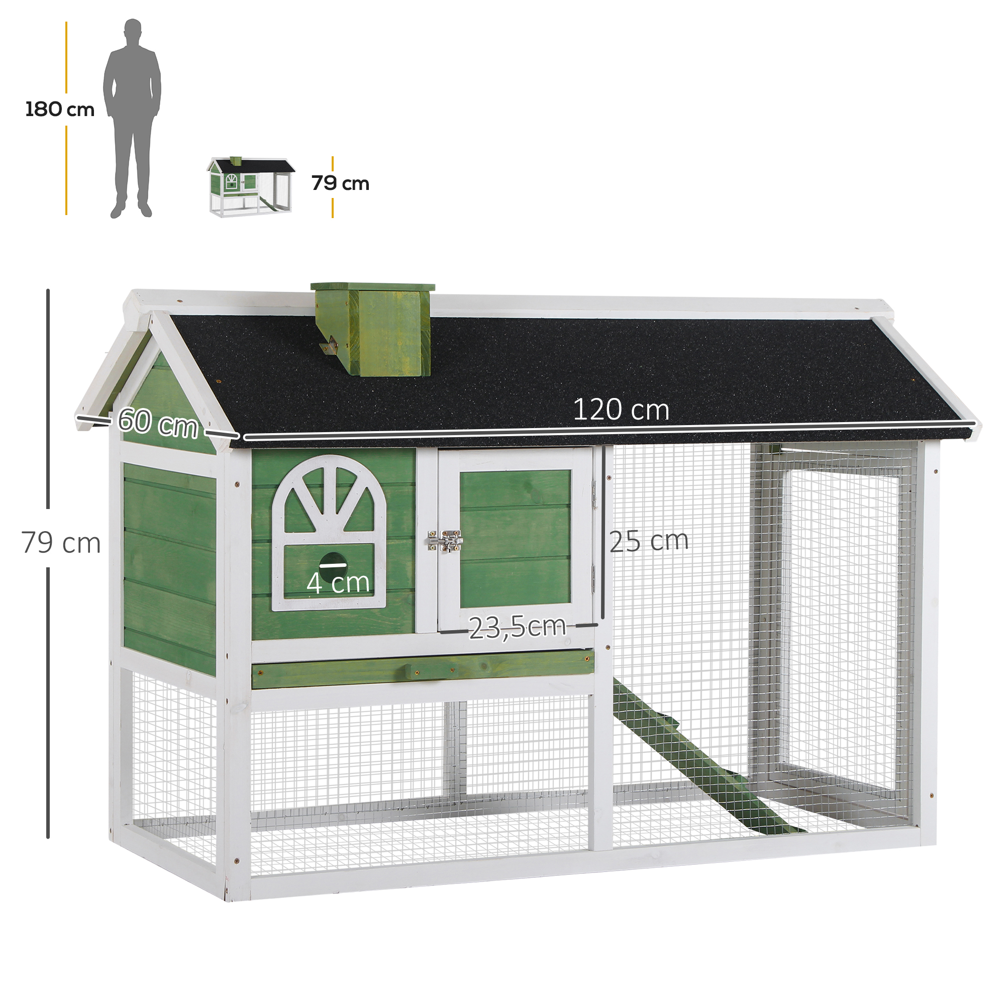 Gaiola de madeira PawHut para coelhos, 120x60x79 cm, grande, com telhado de asfalto, bandeja removível, escada e chaminé para uso externo, verde.