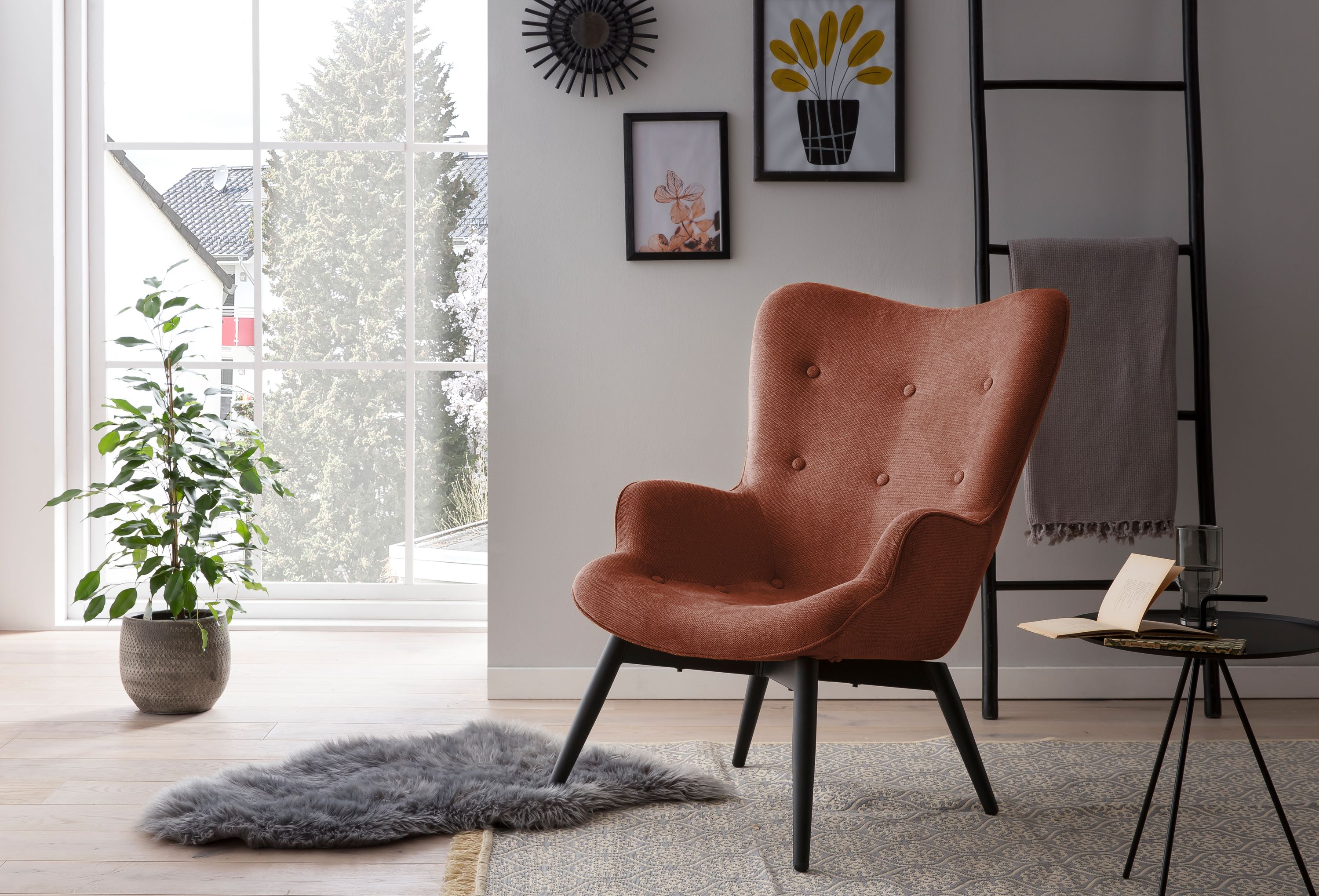 Sessel Kupfer Strukturstoff Relaxsessel Polstersessel Ohrensessel Loungesessel