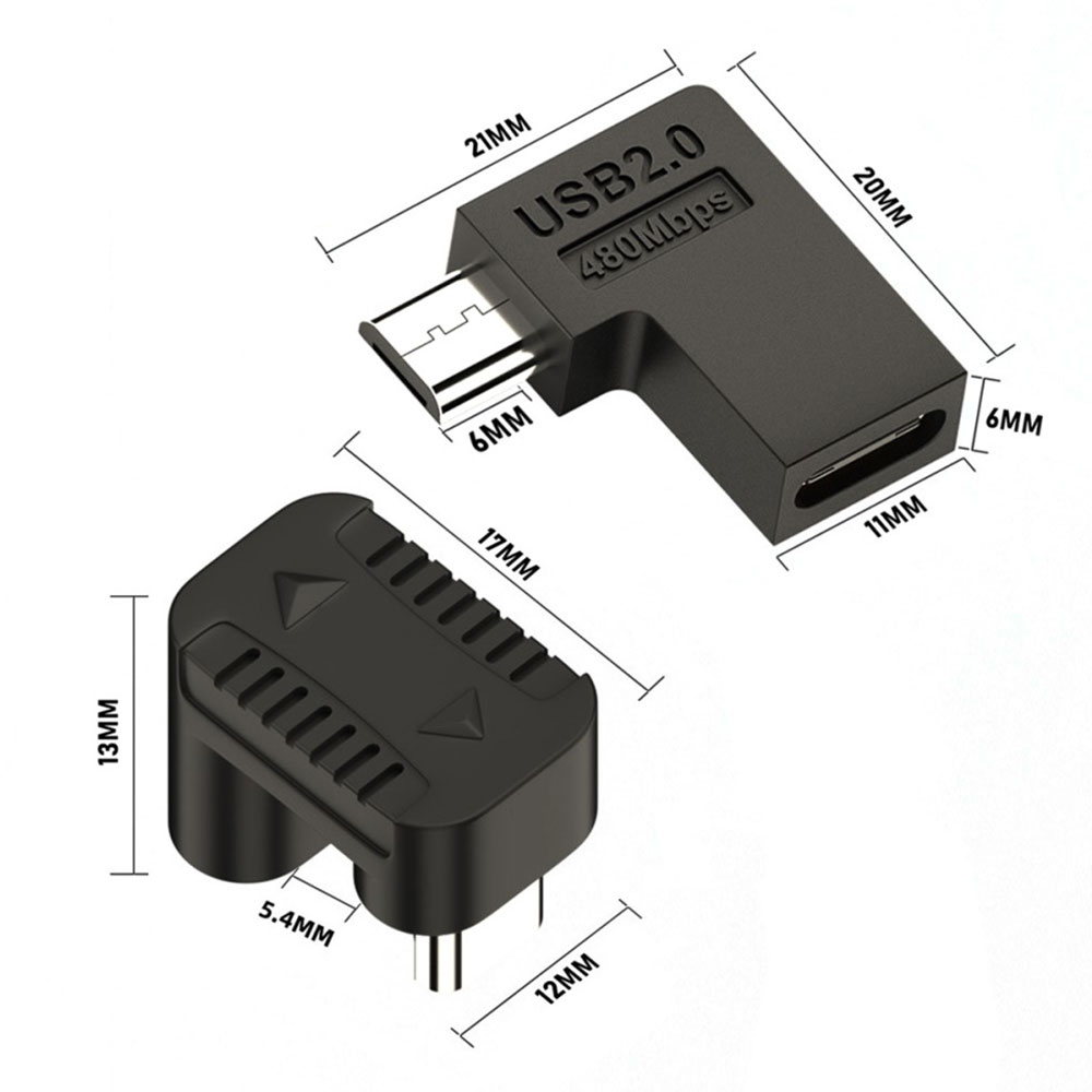 (4er Set) Micro USB (m.) auf USB C (w.) 90° Grad Winkel Verlängerungs Adapter Konverter - Schwarz