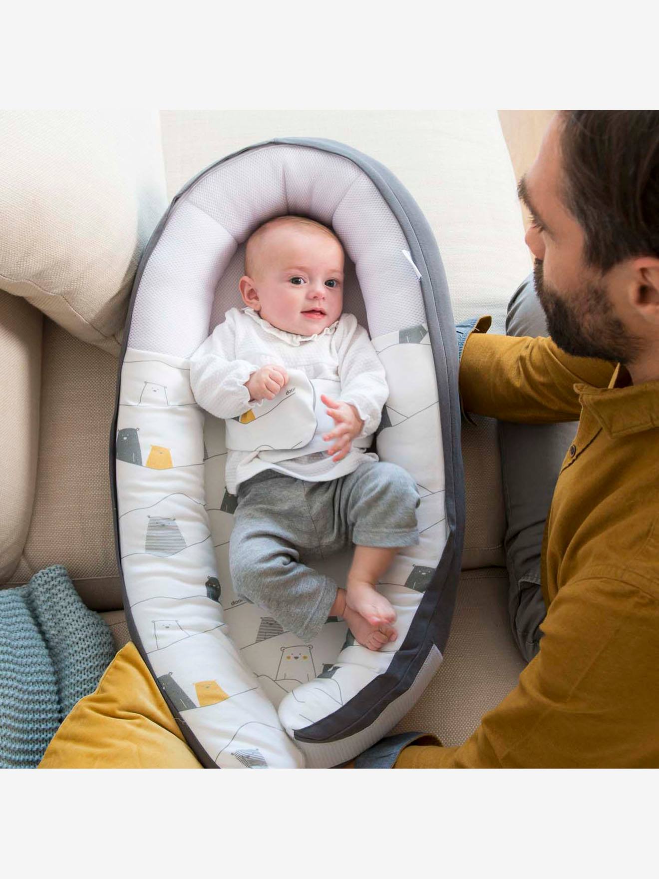 Cama redutora conversível BABYMOOV Doomoo Cocoon, cinza escuro, lisa com estampas