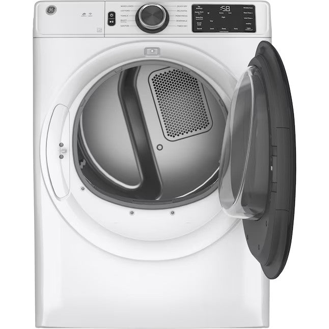 Secadora elétrica inteligente empilhável GE de 7,8 pés cúbicos (branca) com certificação ENERGY STAR.