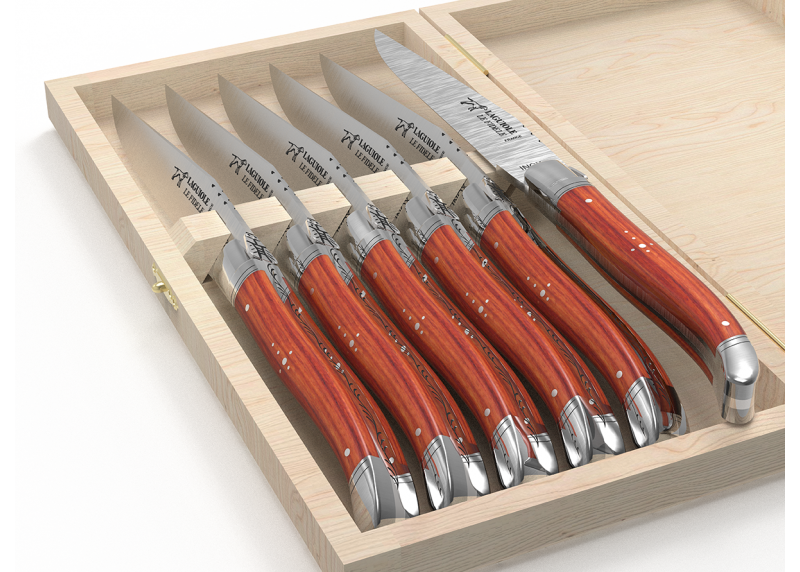 Service de 6 couteaux Laguiole avec un manche en bois de rose et mitres en acier inoxydable