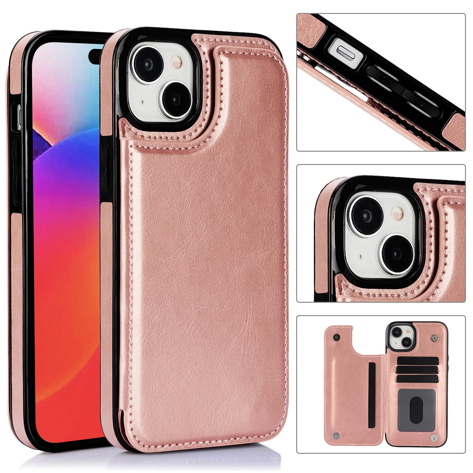 iPhone 15 Hybrid Leder Hülle mit Kartenfach   Kickstand Aufsteller - Roségold