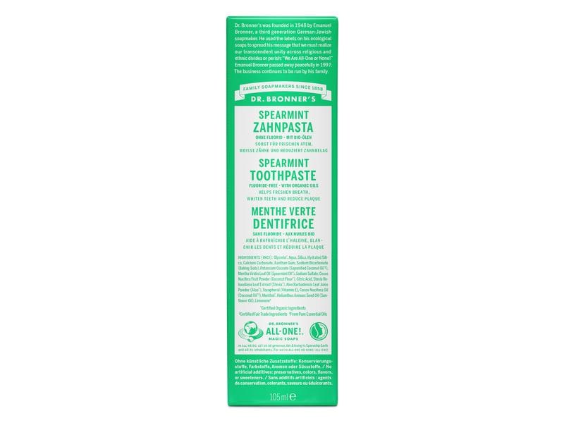 Dr.Bronner's Zahnpasta ALL-ONE Spearmint – fluorfrei 140 g Natürliche, vegane und fluorfreie Zahnpasta