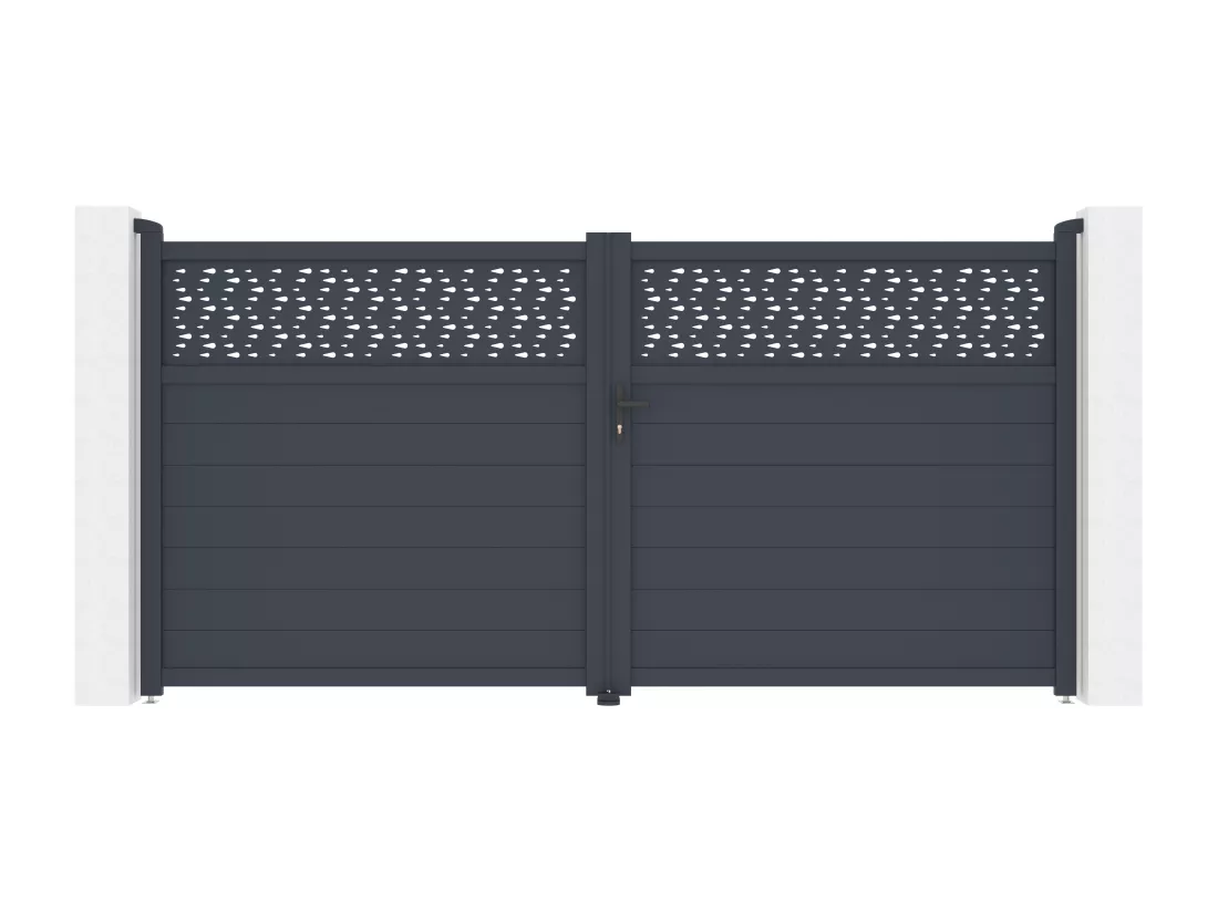 Portail électrique battant aluminium semi plein à motifs L355 x H181 cm anthracite - BAZIO