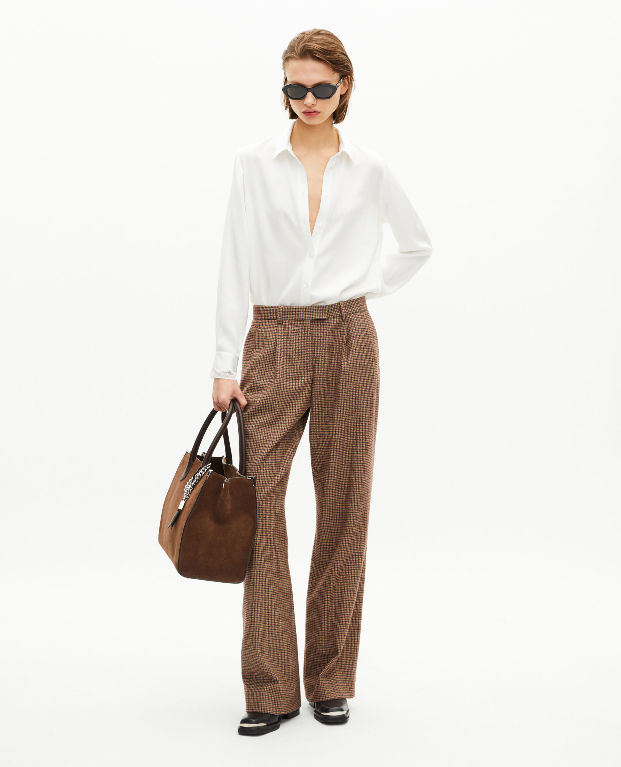 Pantalon tailleur large en pied de poule camel