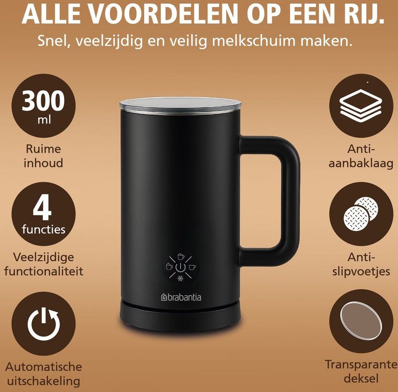 Brabantia - BBEK1048 - Elektrische Melkopschuimer - Zwart - 300 ml