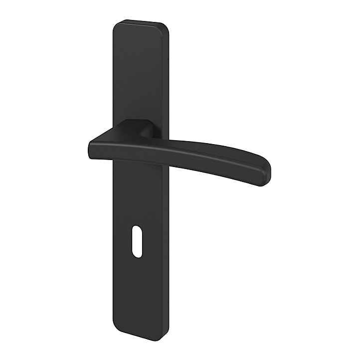 Ensemble poignée sur plaque rectangulaire serrure GoodHome Irvil effet nickel mat noir L.126.5mm x l.42mm entraxe 165-195mm