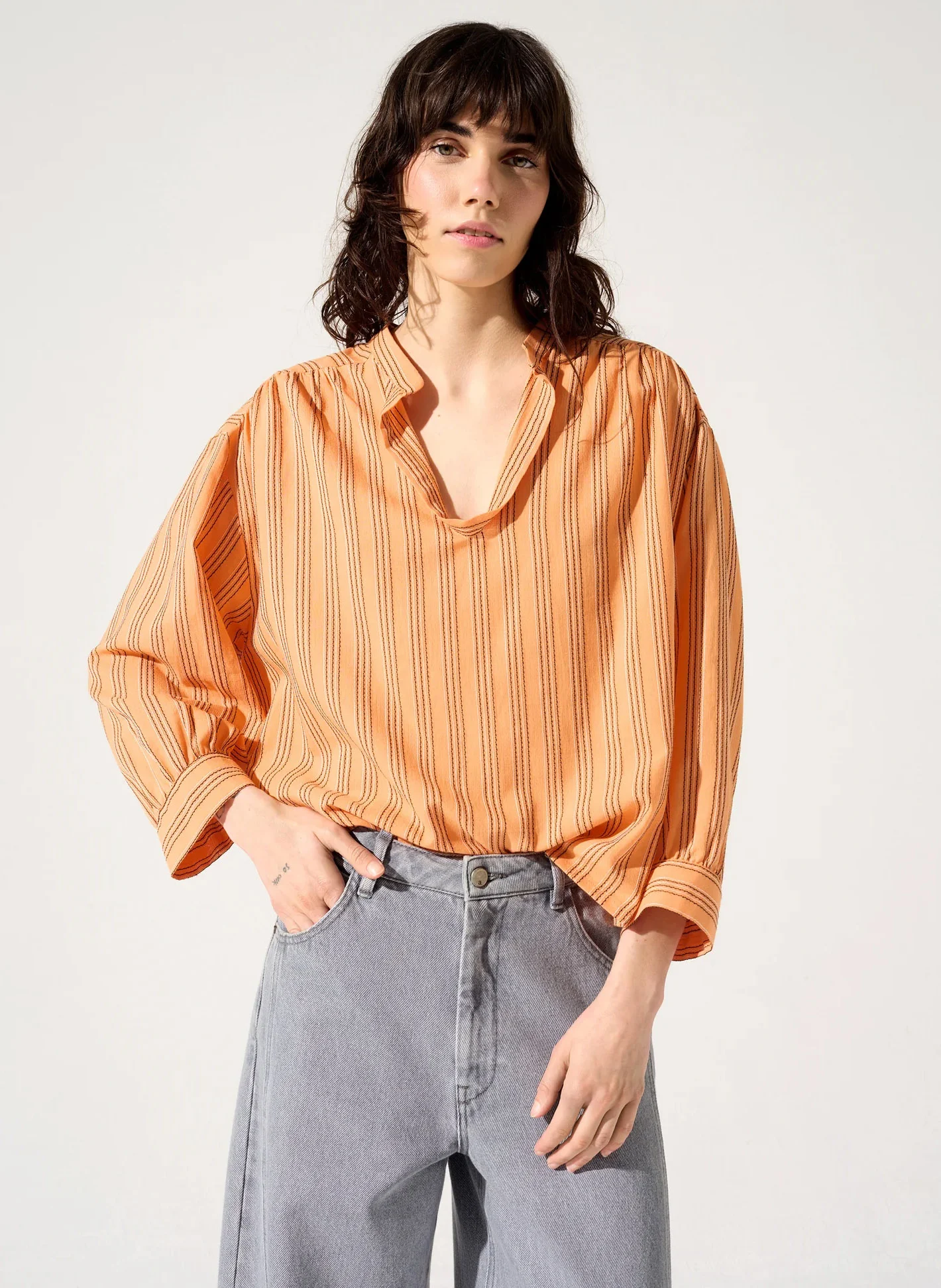 ZOFIA - Blouse oversized rayée en coton mélangé | Orange