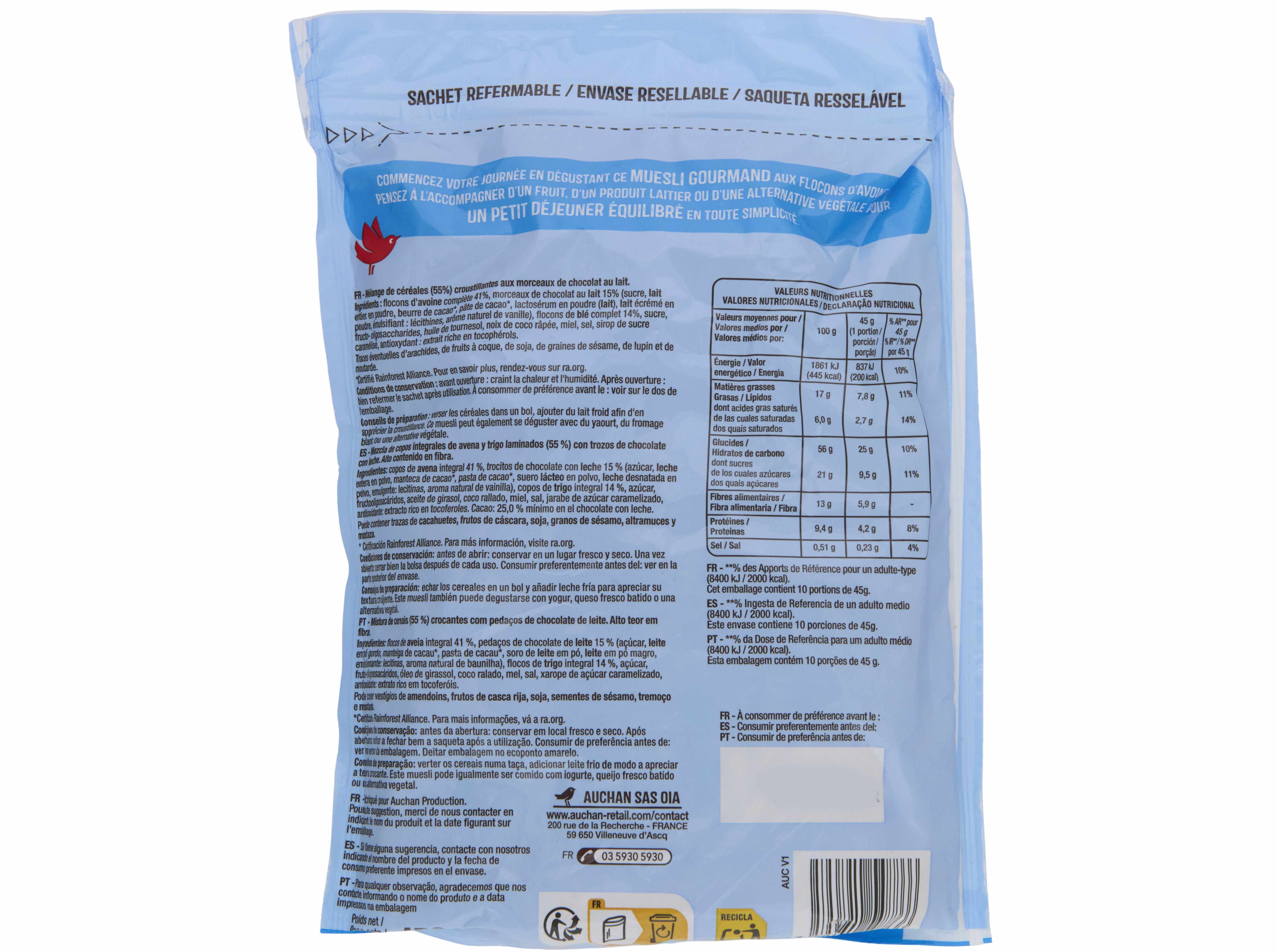 CEREAIS AUCHAN MUESLI CHOCOLATE DE LEITE 450G