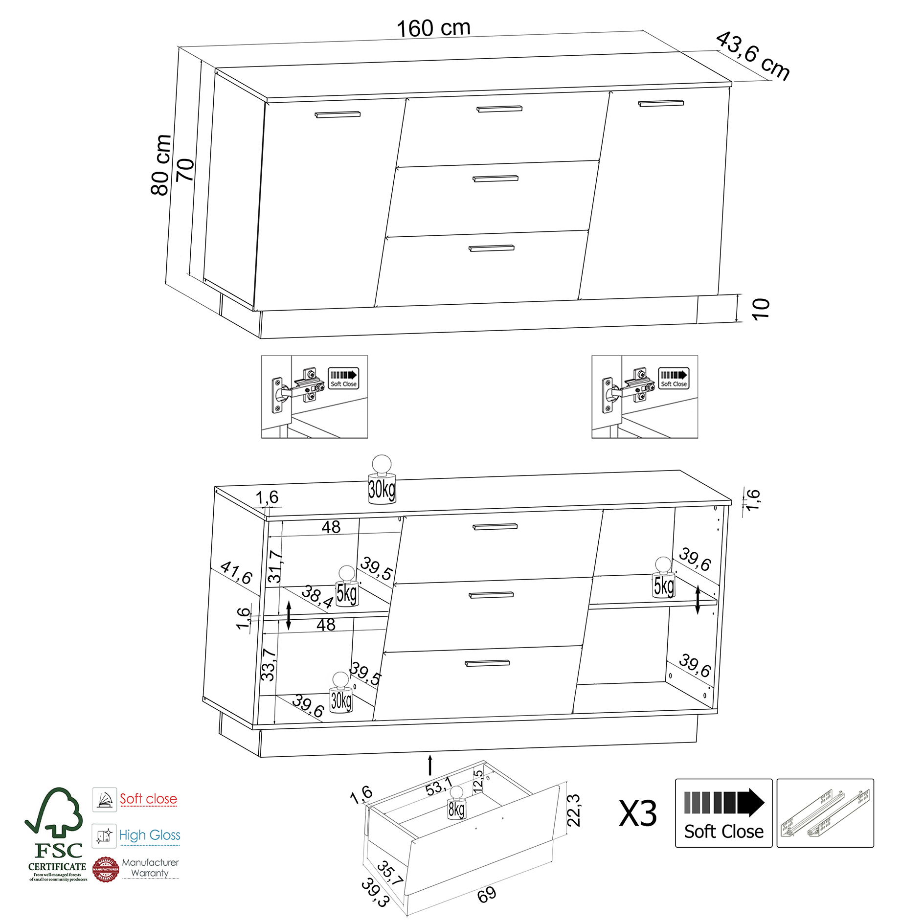 Sideboard LINDA - weiß - Artisan Eiche - 160 cm