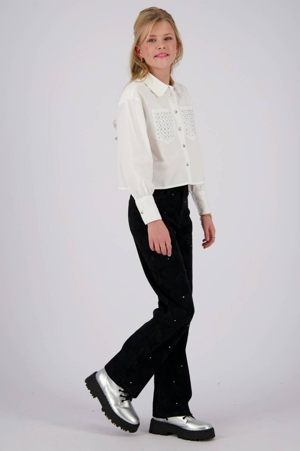 Vingino high waist wide leg jeans Cato Star met all over print washed black