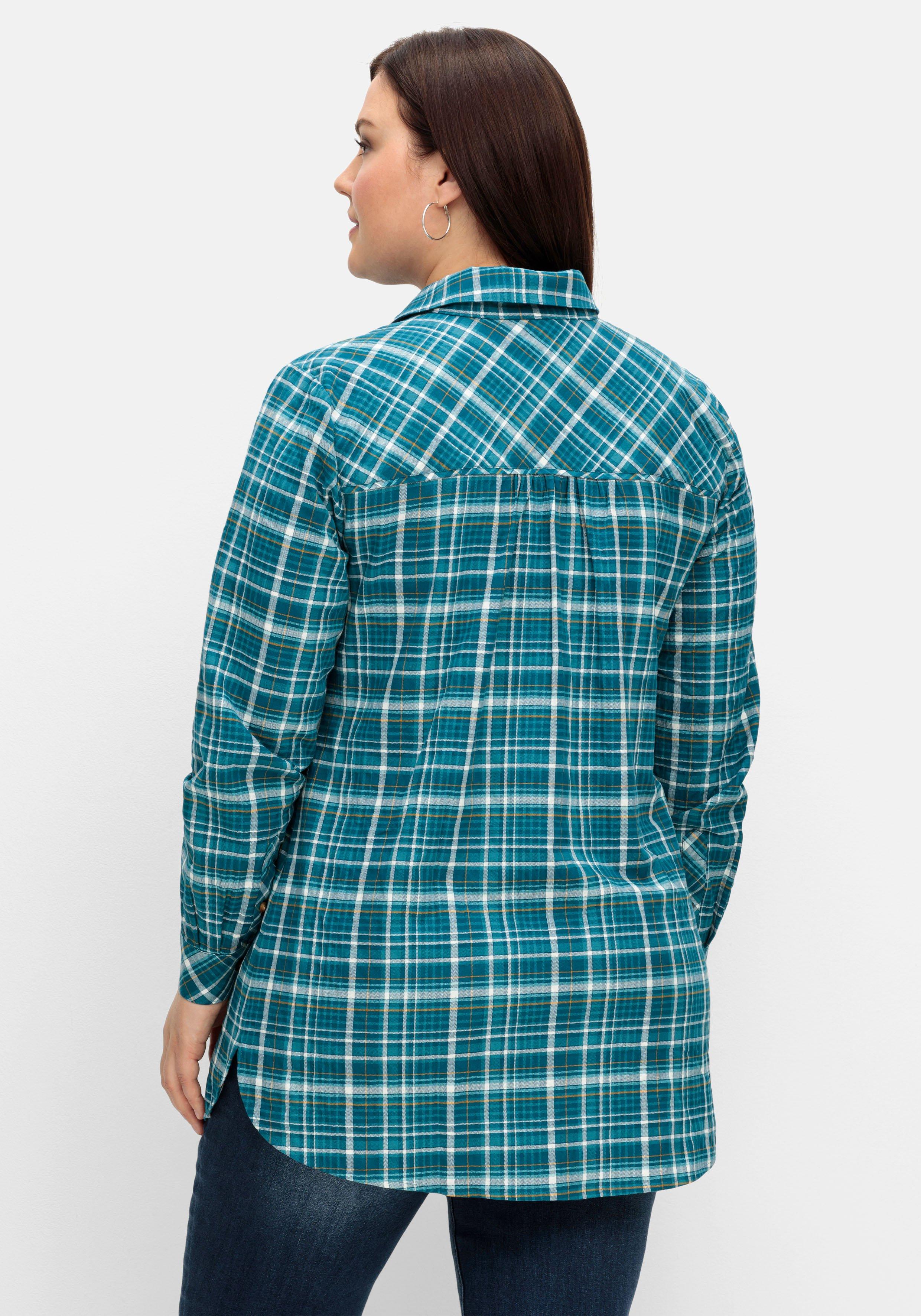 Longbluse in Crinkle-Qualität, mit Fischgrät-Karos