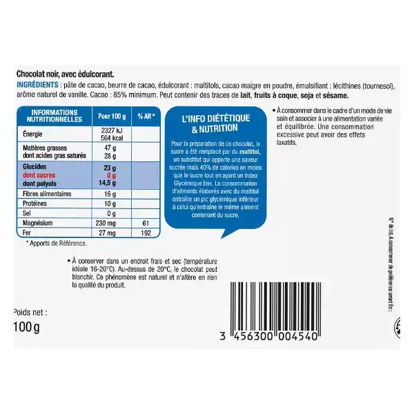 Barra de chocolate Karéléa sem açúcar, chocolate amargo 85% cacau, 100g