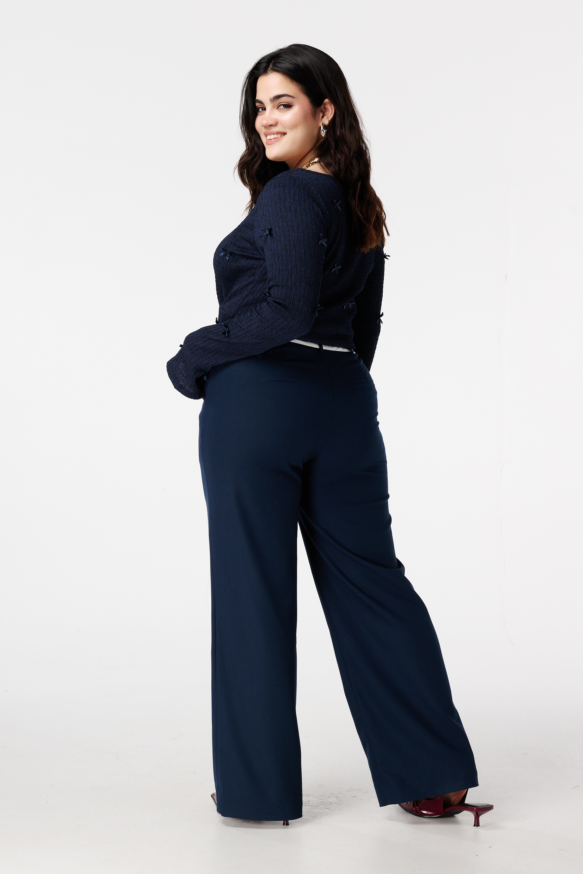Wide leg broek met contrastdetail Navy blauw