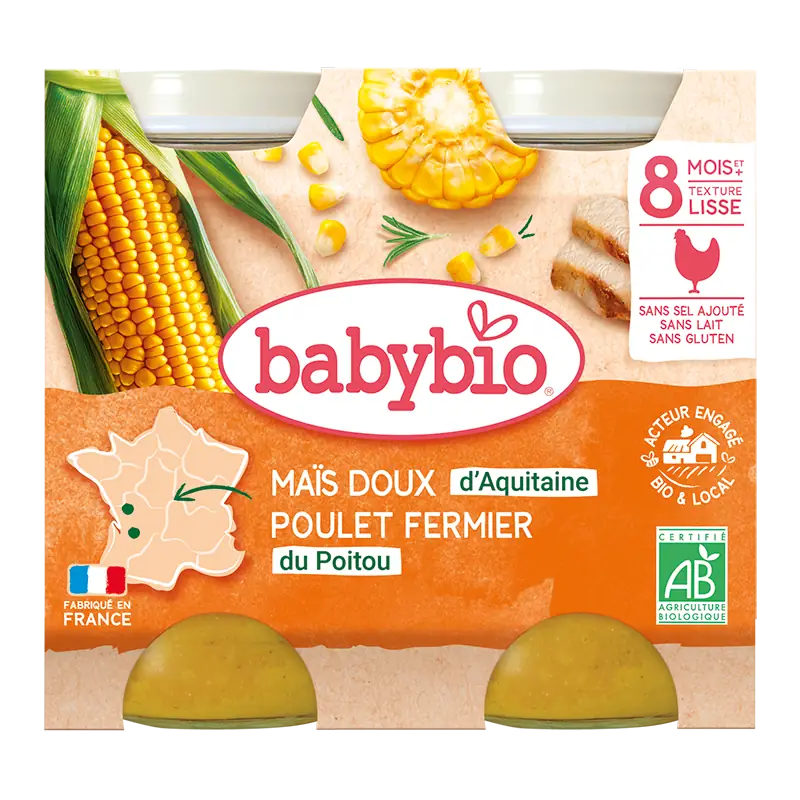 Repas bébé midi Maïs Doux D'aquitaine & Poulet Fermier Du Poitou - Petits pots 2x200g