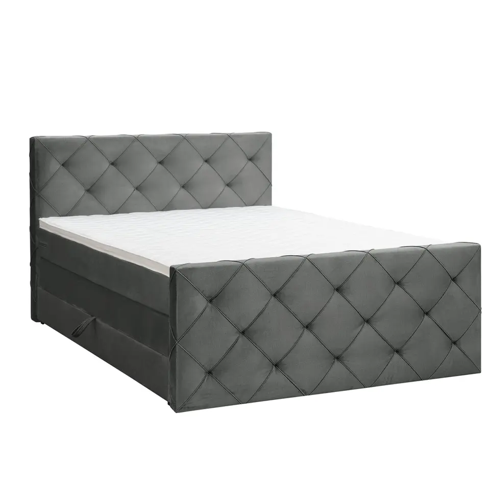 Boxspring met opbergruimte en voetbord Liv geruit - grijs - 180x200cm