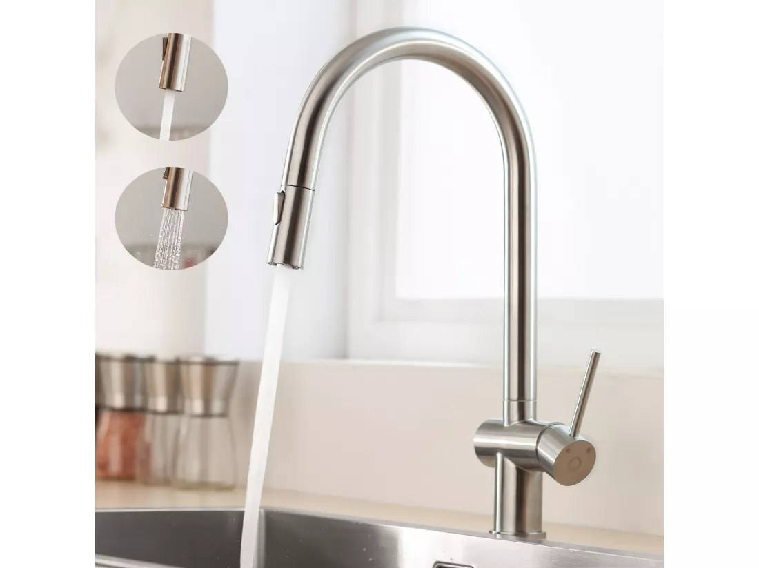 Cecipa max Mitigeur Cuisine avec Douchette Extractible, Robinet en Acier Inoxydable Brossé, Robinet Cuisine d'Évier 2 Modes de Sortie D'eau,EU Modèle