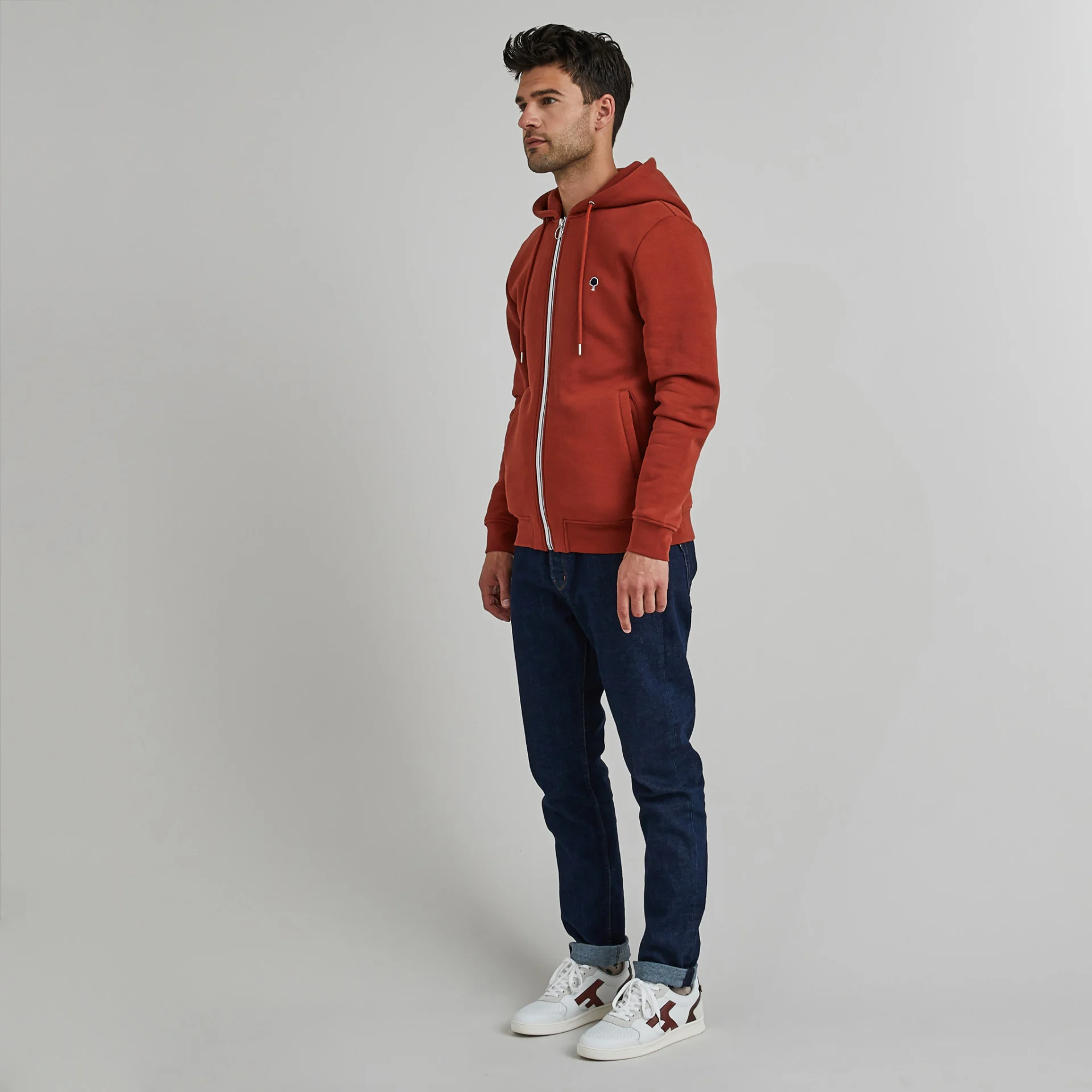 Sweat à capuche zippé rouge coton et polyester recyclé - modèle Mesnil