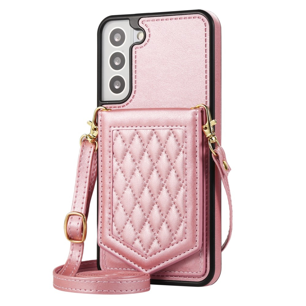 Samsung Galaxy S23 5G Necklace Leder Hülle im Litchi Look mit Spiegel (RFID Schutz) - Roségold