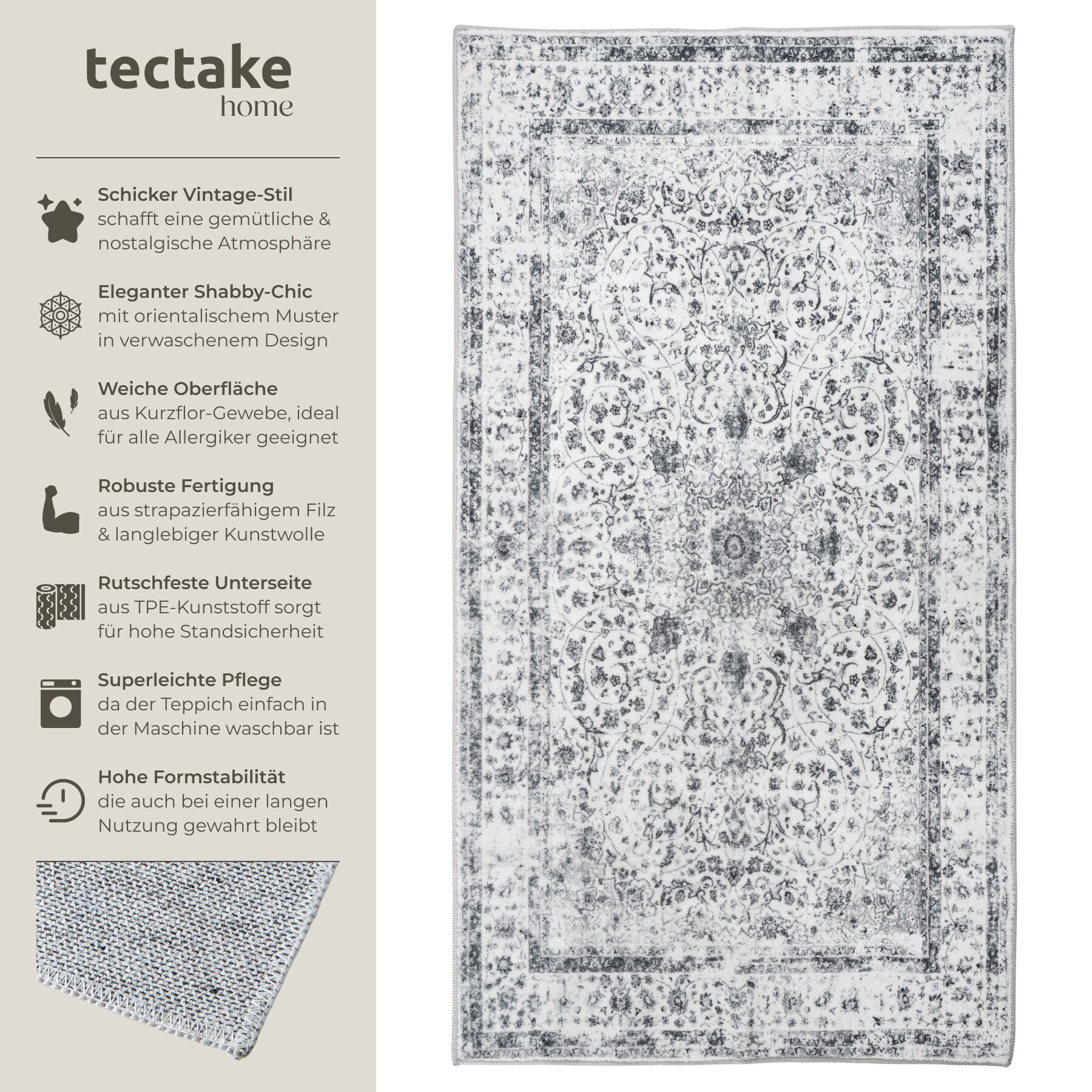 tectake® Vintage Designer Teppich, verschiedene Größen, pflegeleichter, flauschiger Kurzflor, rutschfeste Unterseite