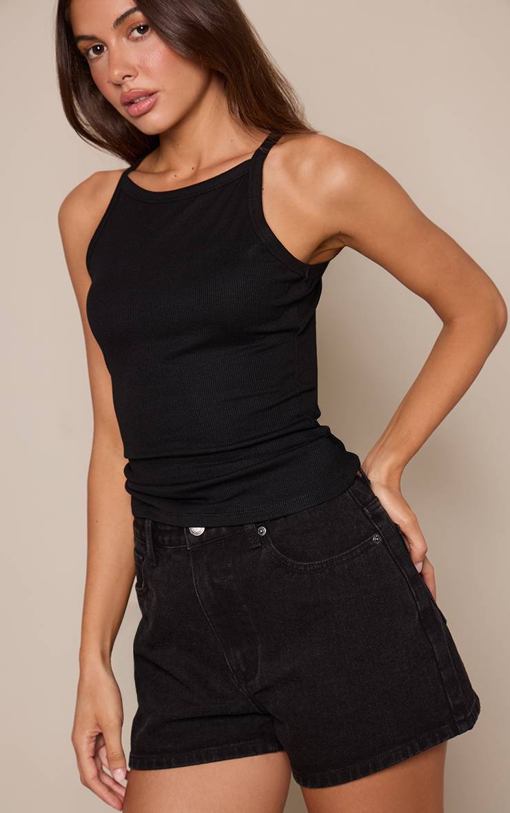 Noir Délavé Short En Jean Mom Taille Haute