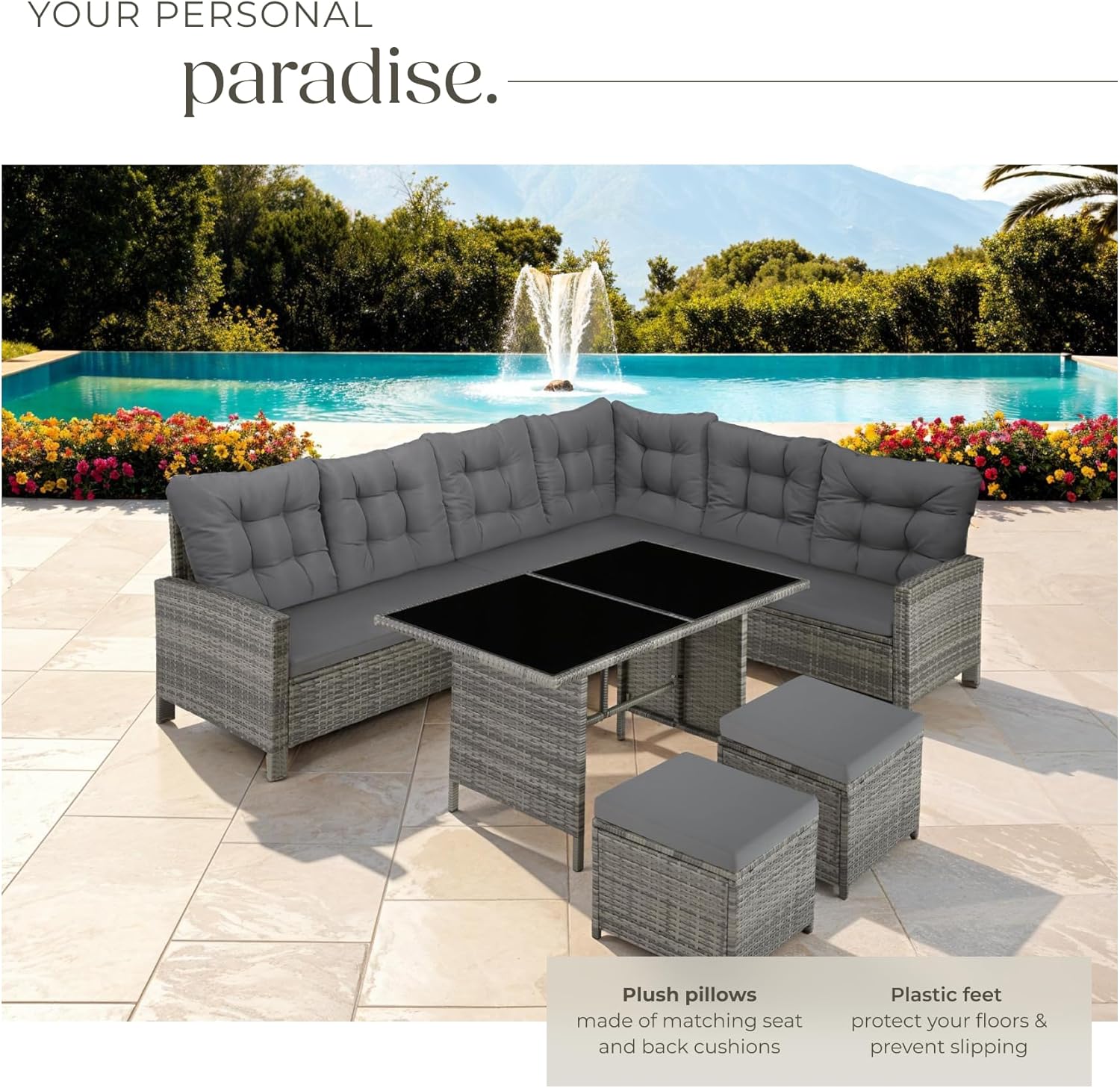 tectake Polyrattan Lounge Set, Gartenmöbel Set mit Sofa, Hocker + Tisch, Balkon Möbel Outdoor, 5-teilige Sitzgruppe, inkl. Sitz- & Rückenkissen, ideal für Garten, Terrasse, Balkon - grau/beige