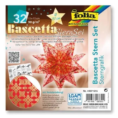 Folia Bascetta-Stern Set, 15x15cm, 32 Blatt Rot/Sterngrafik gold