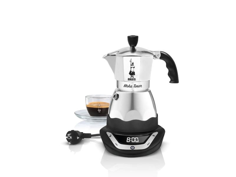 Bialetti Espressokocher Moka Timer 3 Tassen, Schwarz/Silber Italienische Espressokanne – ein Design-Klassiker