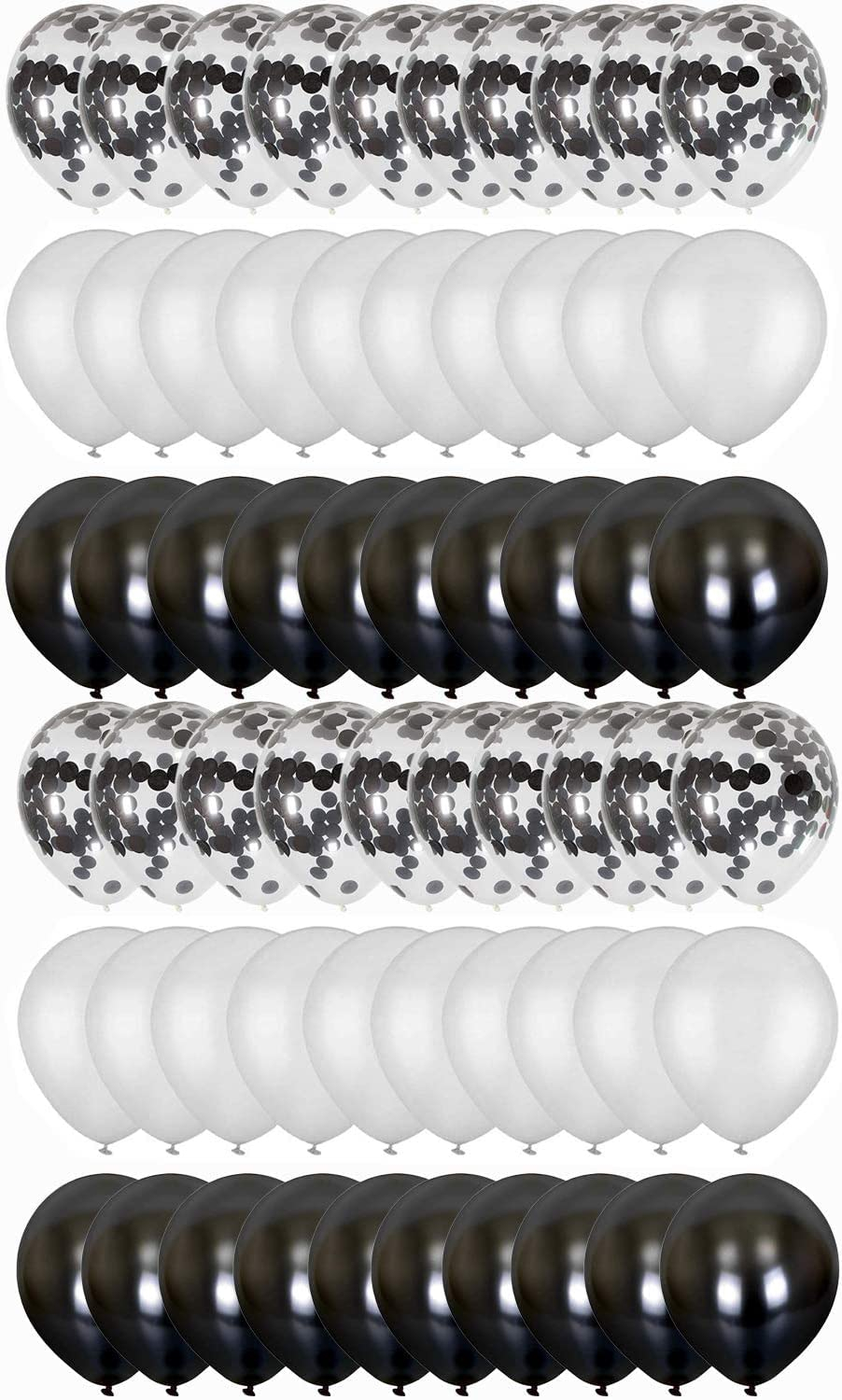 (60er Set) Ø30cm Party Deko Ballons Latex Luftballons mit Konfetti - Schwarz / Weiss