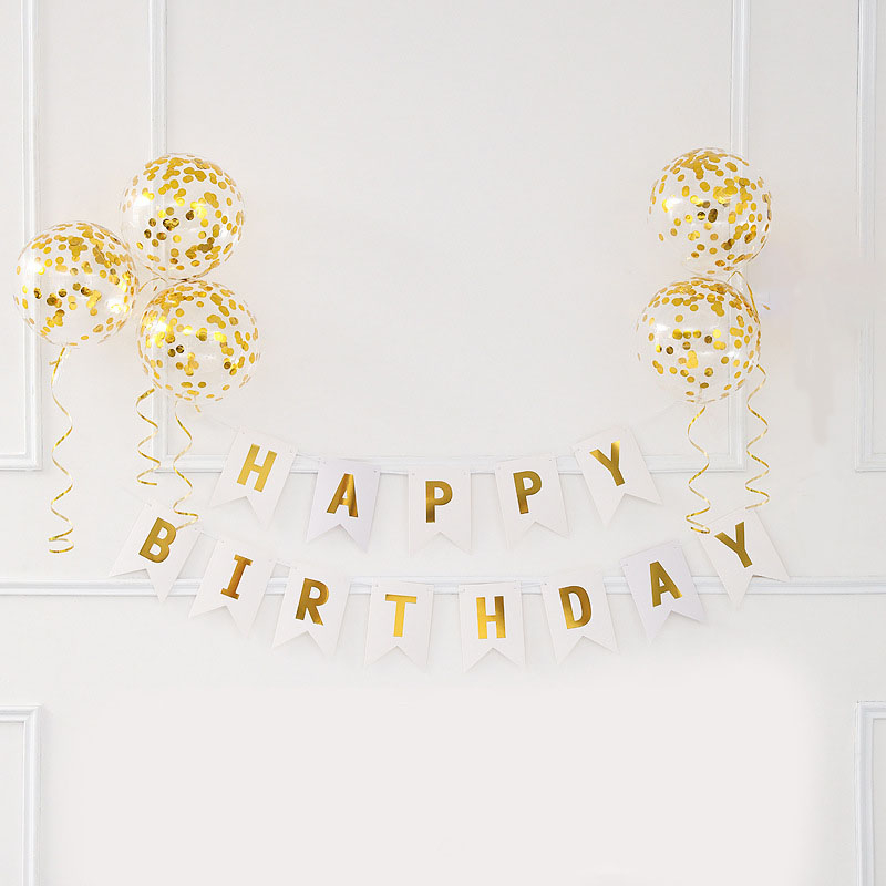 (7-tlg. Set) Happy Birthday Geburtstags Girlande Party Dekoration   Latex Ballons mit Konfetti - Weiss / Gold