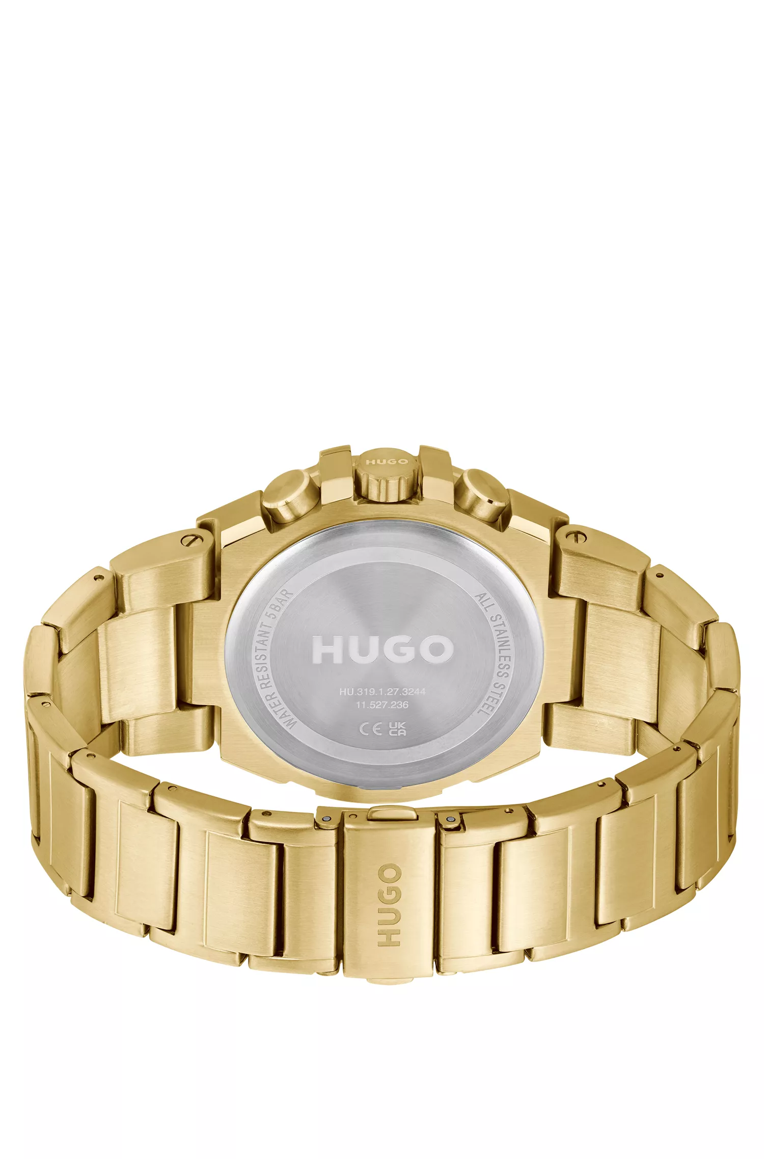 Relógio HUGO com mostrador vermelho e preto em aço com acabamento em tom de ouro amarelo.
