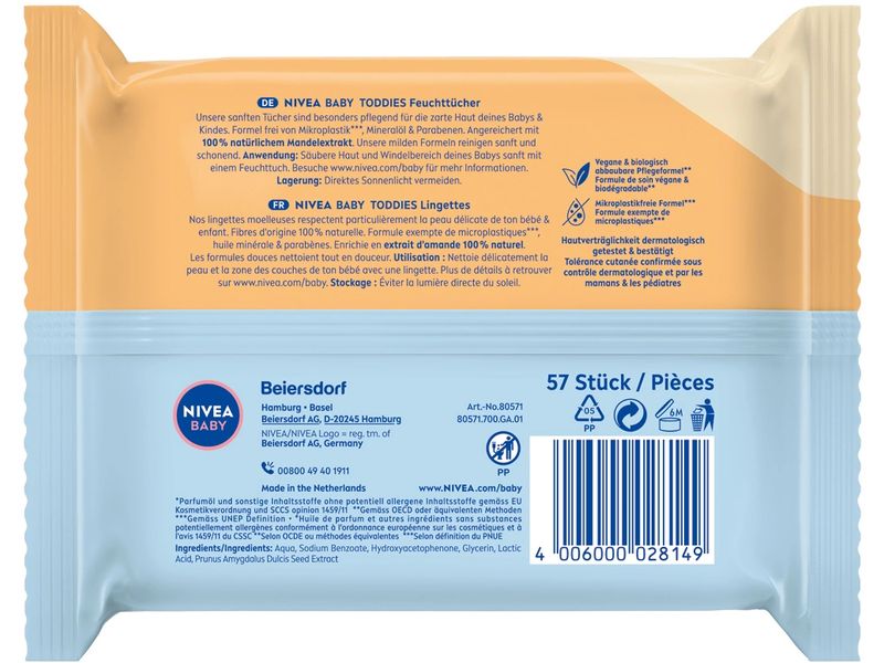 NIVEA BABY Feuchttücher Multipack Toddies 12 x 57 Stück Für natürlich gepflegte Haut ab der ersten Berührung
