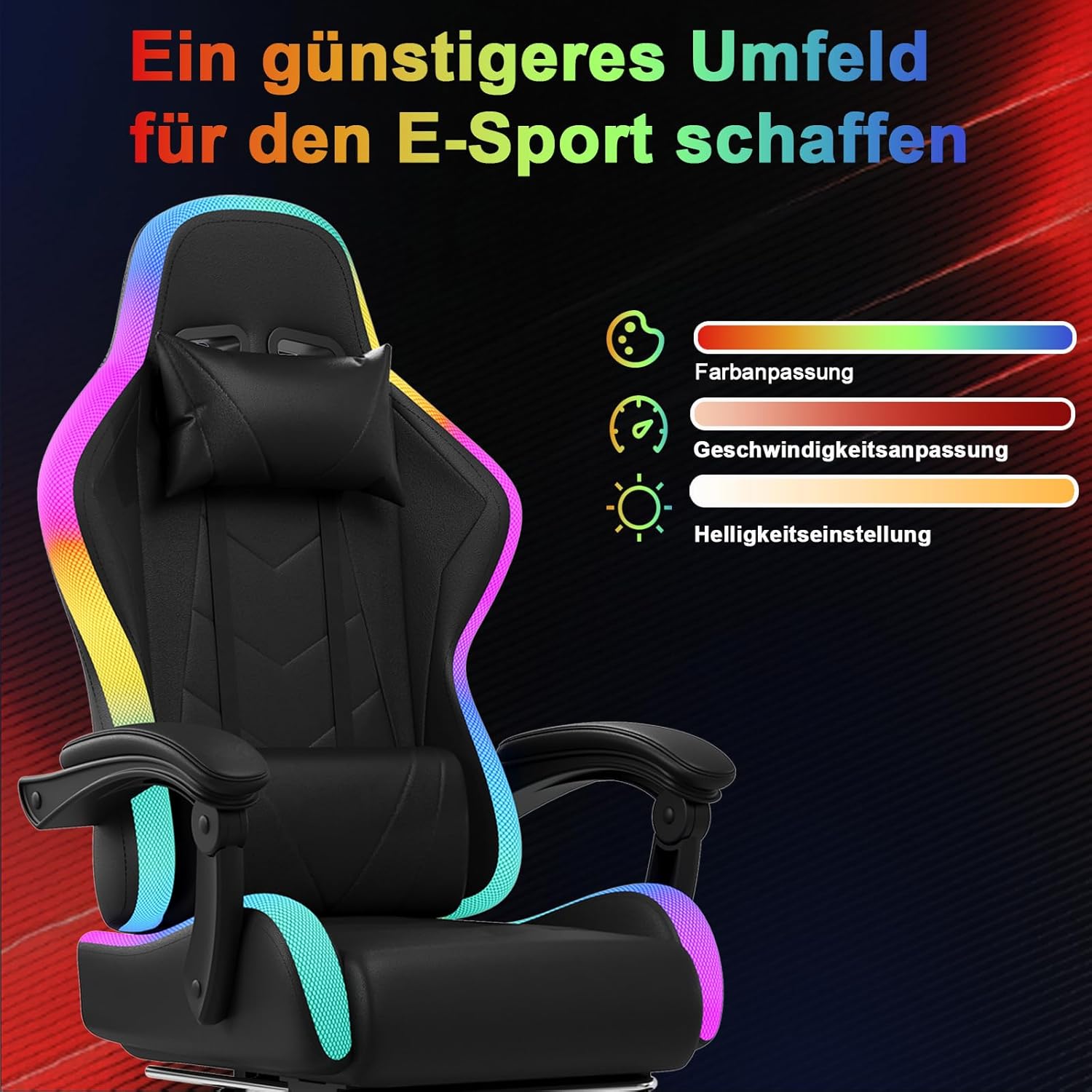 JUMMICO Gaming Stuhl mit led, Cool Racing Gamer Stuhl, Ergonomischer Bürostuhl mit Massagefunktion, Verstellbare Rückenlehne 90-135°, mit Teleskop Fußstütze, Gamingstuhl 150 kg belastbarkeit, Schwarz