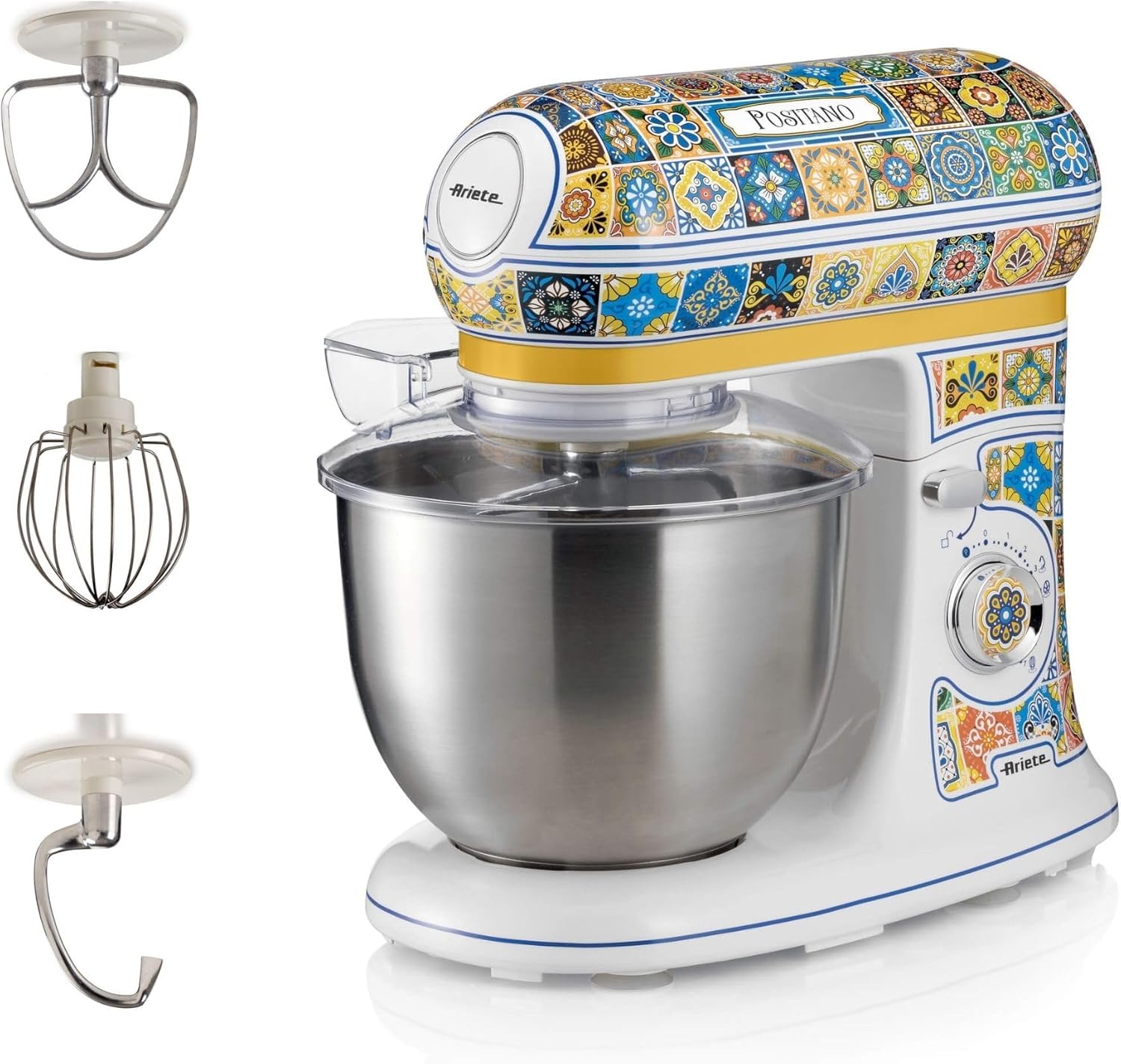 Ariete 1588 Küchenmaschine Positano, 7 Geschwindigkeitsstufen, 3 Quirle für Weiche und Feste Teige, Deckel mit Spritzschutz, 5,5 Liter Edelstahlschüssel, Mediterranes Design, 2400 Watt