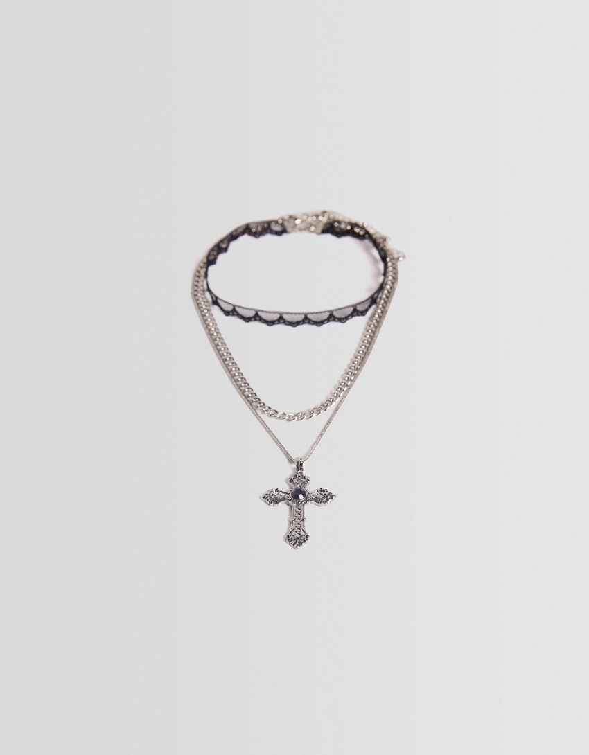 Conjunto de 3 colares com pingente de cruz e corrente de strass