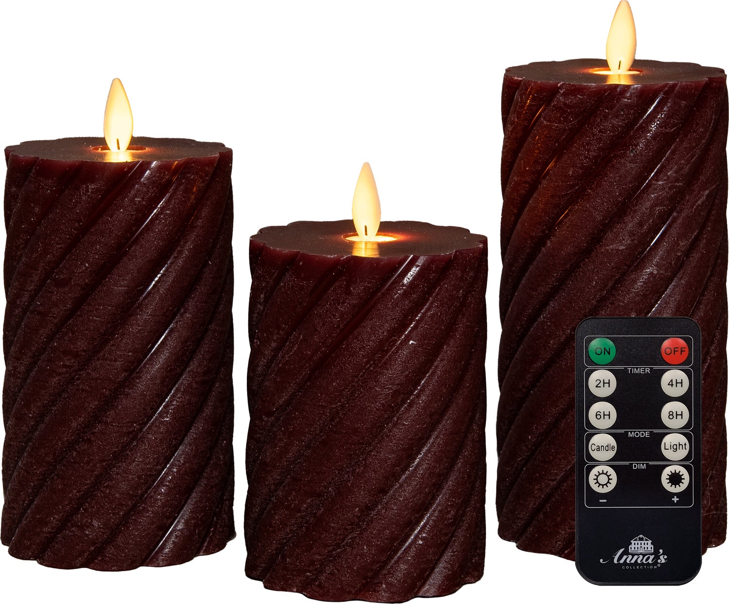 Anna's Collection LED stompkaars Swirl met timer bordeaux D 7,5 H 10 / 12,5 / 15 cm 3 stuks