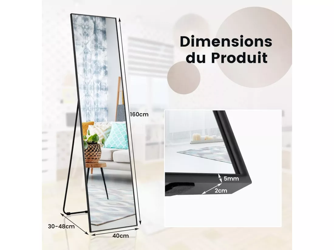 Miroir sur pied rectangulaire-miroir mural, 40 x 60 cm, angle d'inclinaison réglable, noir