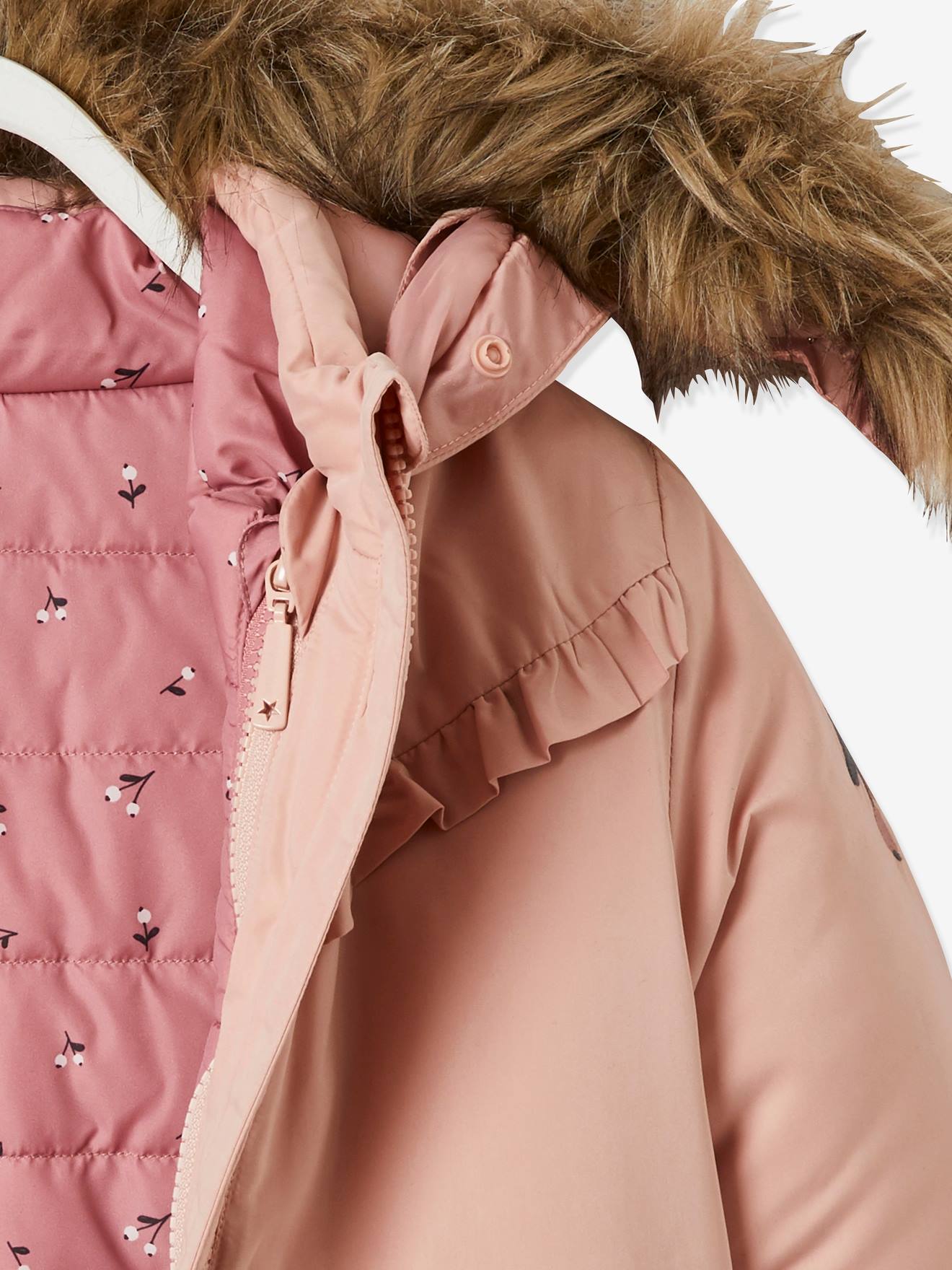 Parka com capuz 3 em 1, jaqueta acolchoada e enchimento de poliéster reciclado, para meninas, rosa escuro liso.