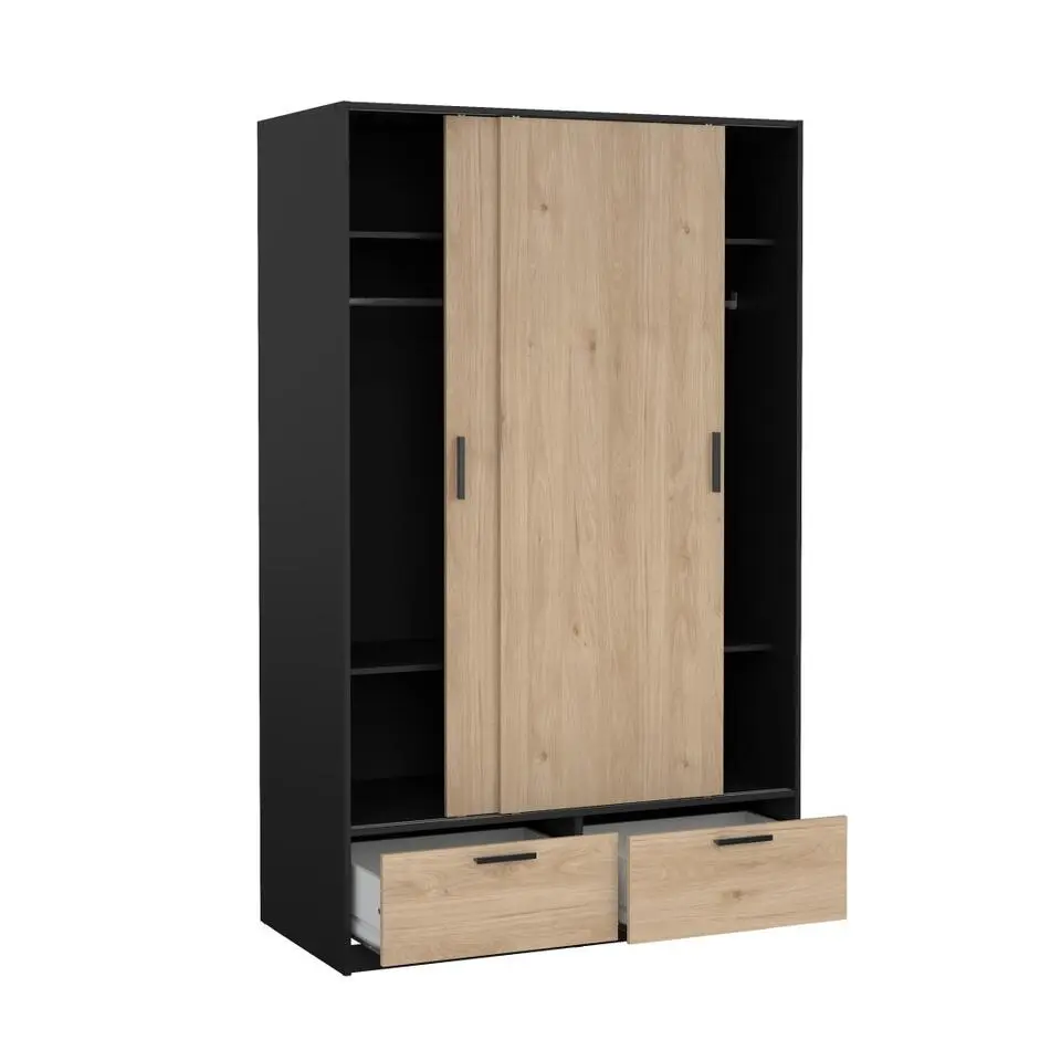 Hioshop Line kledingkast 2 deuren 2 laden okkernoot decor zwart mat