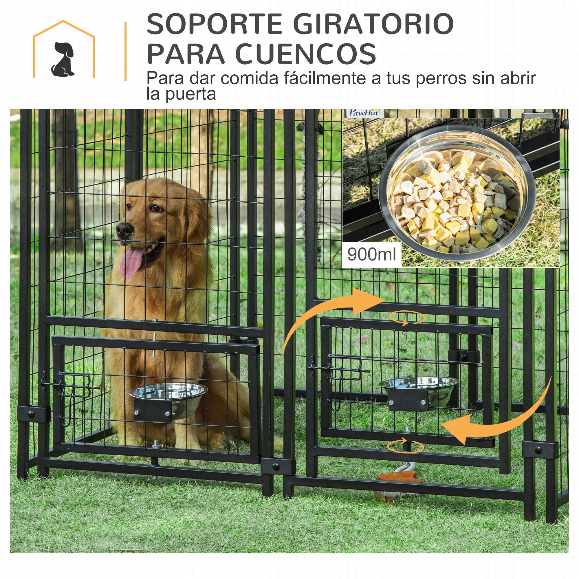 Canil PawHut de 8 painéis, cercado metálico para exterior com 2 suportes giratórios para comida, 2 tigelas e cobertura impermeável e resistente aos raios UV, 141 x 141 x 153 cm, preto e vermelho.